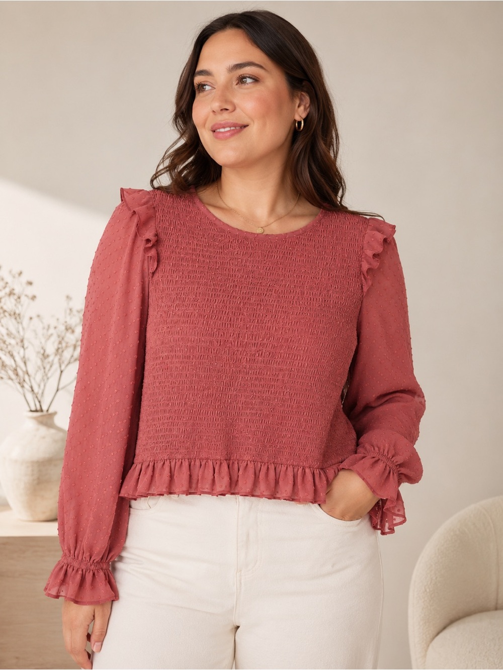 Oak & Trellis Dusty Rose Smocked Swiss Dot Peplum Blouse Large